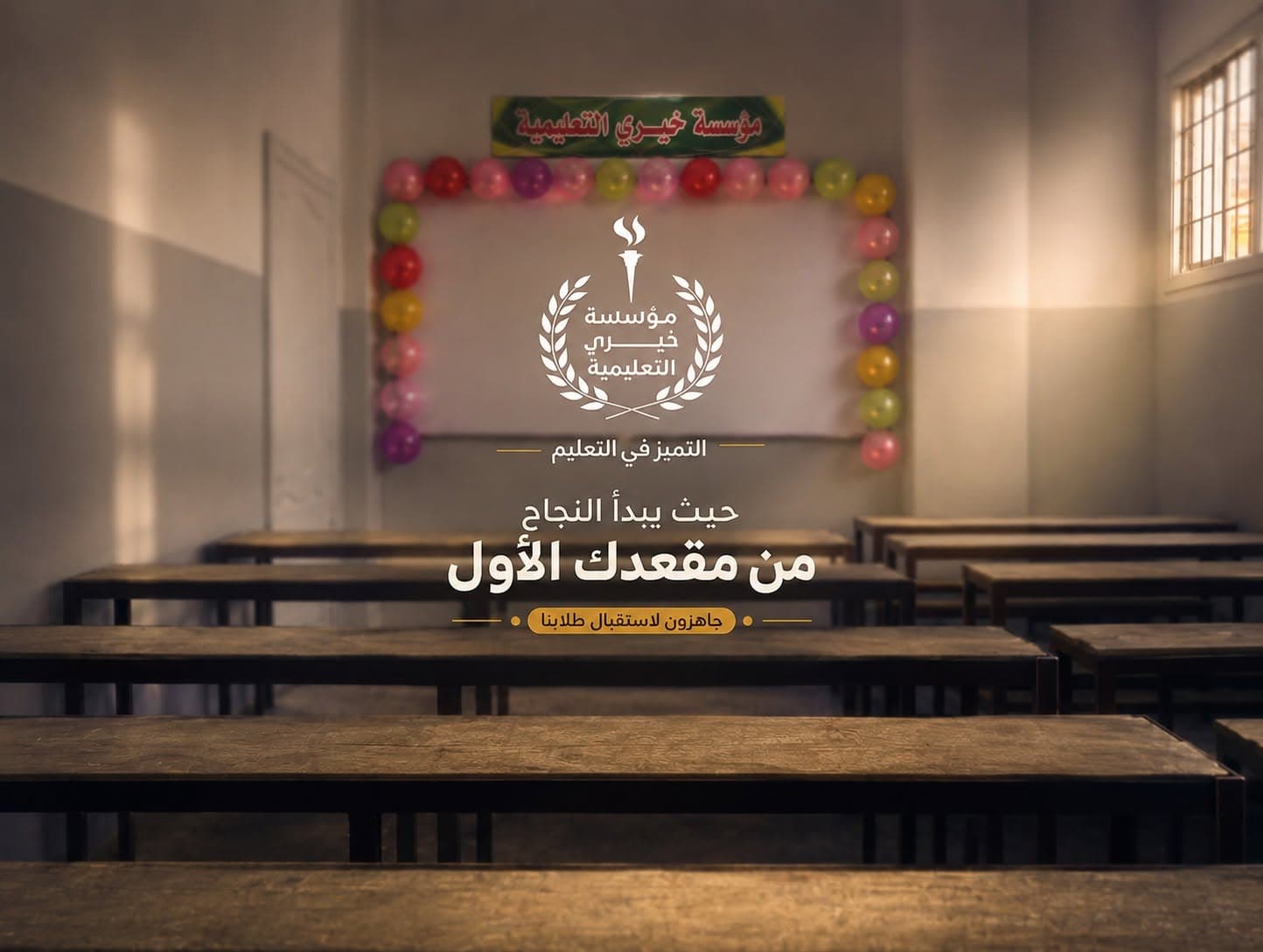 فصل دراسي بمقاعد خشبية ولافتة المؤسسة على الحائط