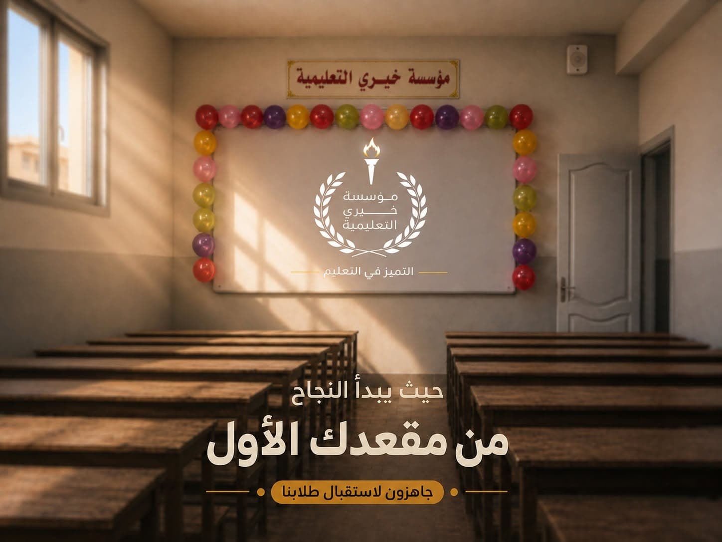 فصل دراسي جاهز باستقبال الطلاب، تدخله الشمس من النافذة