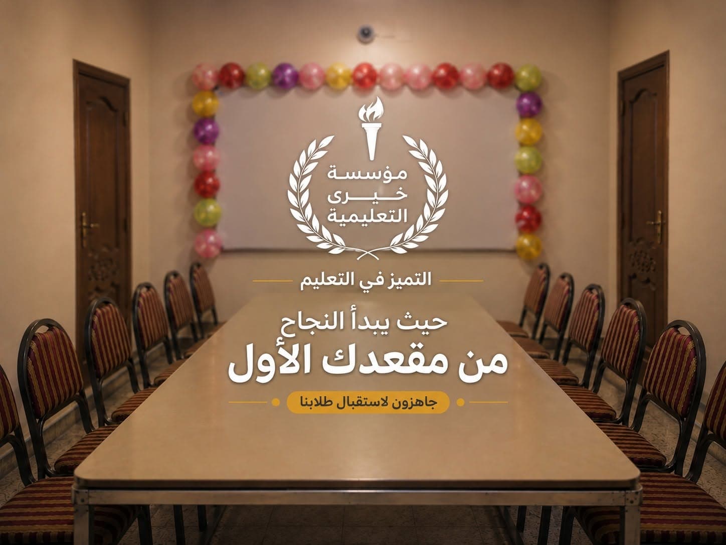 غرفة اجتماعات المؤسسة بطاولة طويلة وكراسي